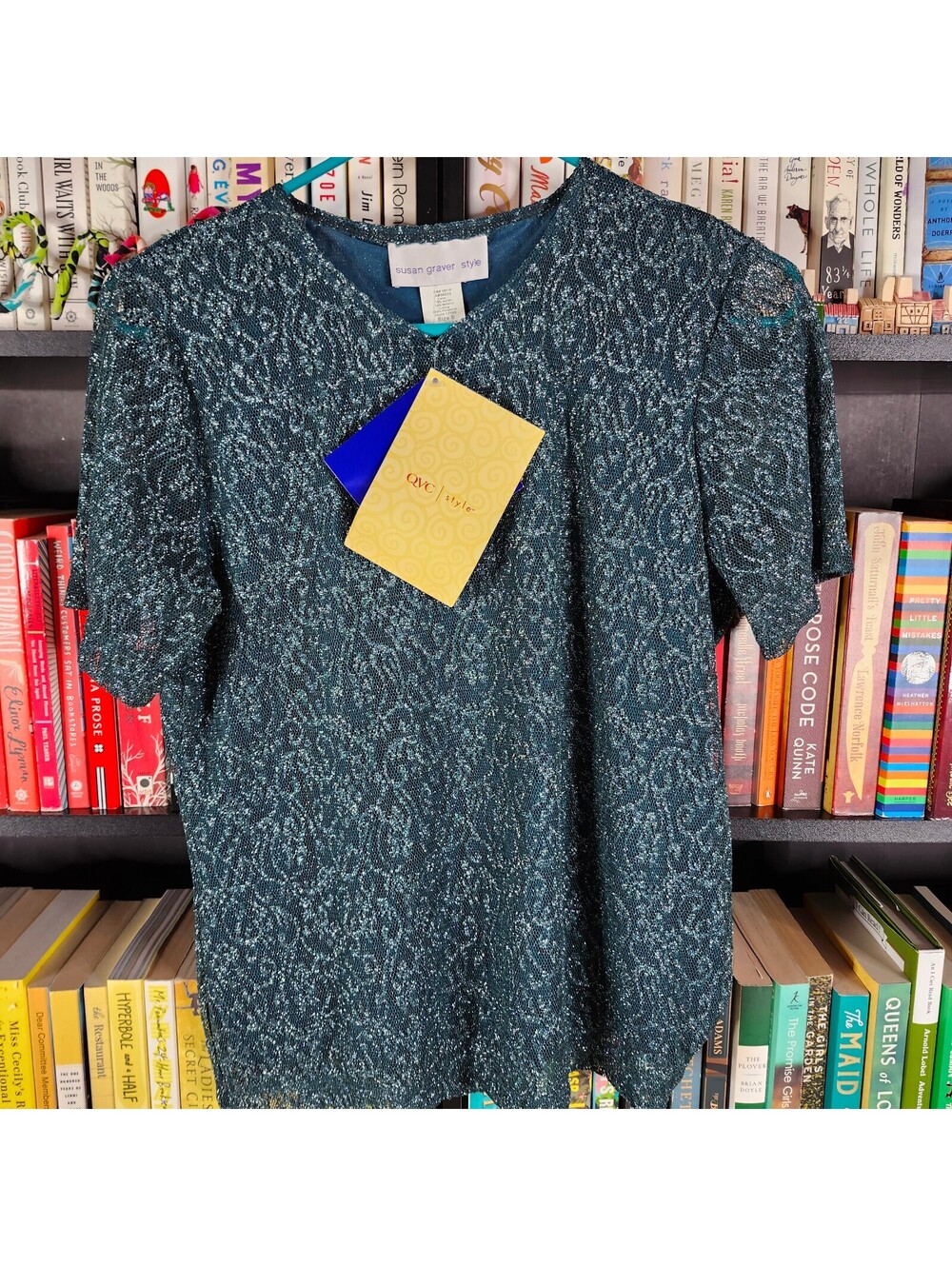Susan Graver Style Metallic Lace Top Blue Silver Short Sleeve Small NWT
